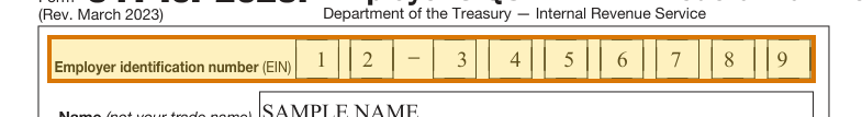 The region of the sample Form 941 containing Employer identification number, with the extracted value outlined