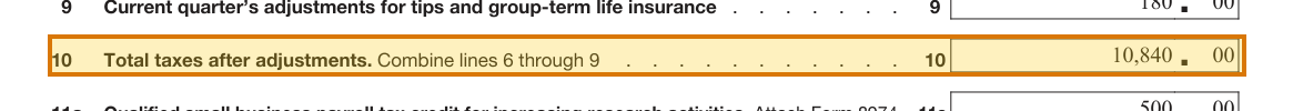 The region of the sample Form 941 containing Total taxes after adjustments (line 10), with the extracted value outlined