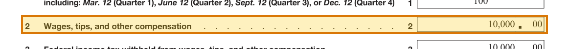 The region of the sample Form 941 containing Wages tips and other compensation (line 2), with the extracted value outlined