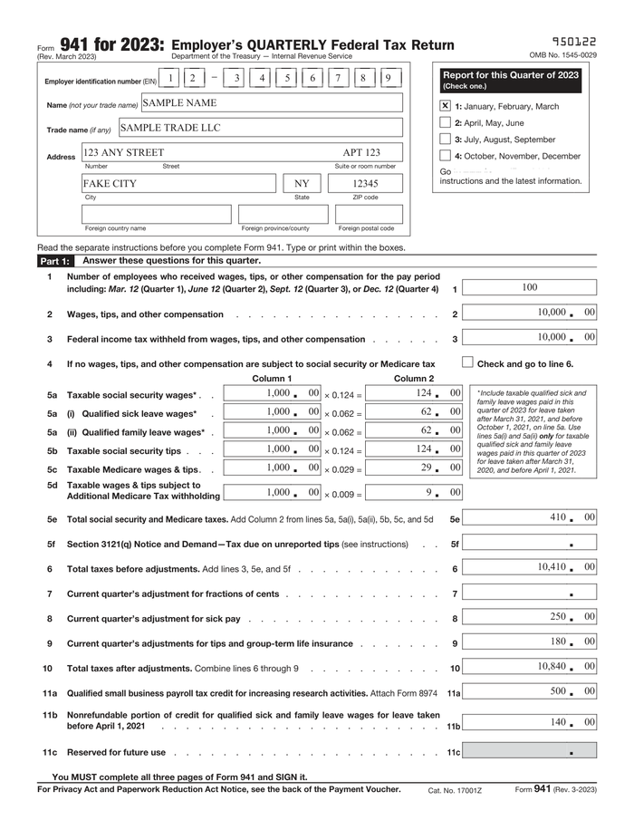 Page 1 of the sample Form 941