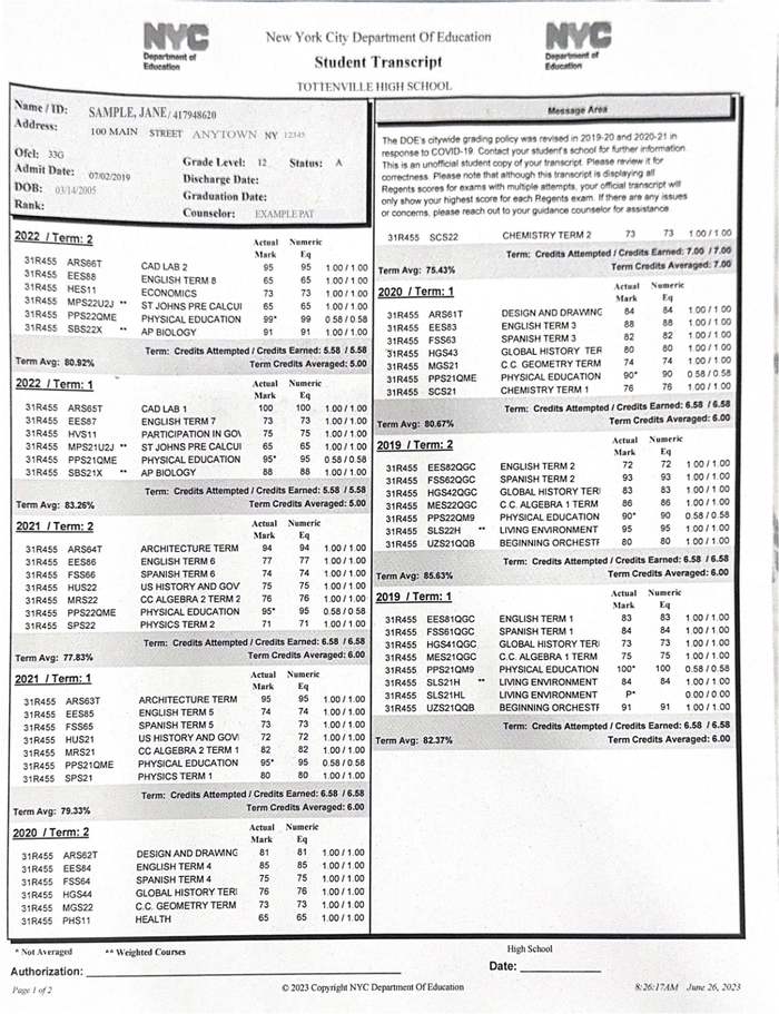 Page 1 of the sample High School Transcript