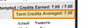 The region of the sample High School Transcript containing Term credits averaged, with the extracted value outlined