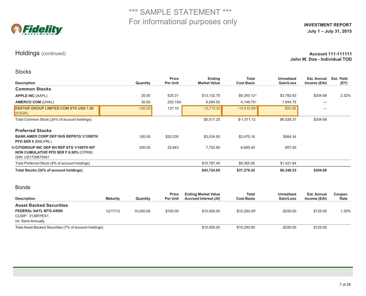 Page 7 of a sample Investment Statement, with extracted values outlined