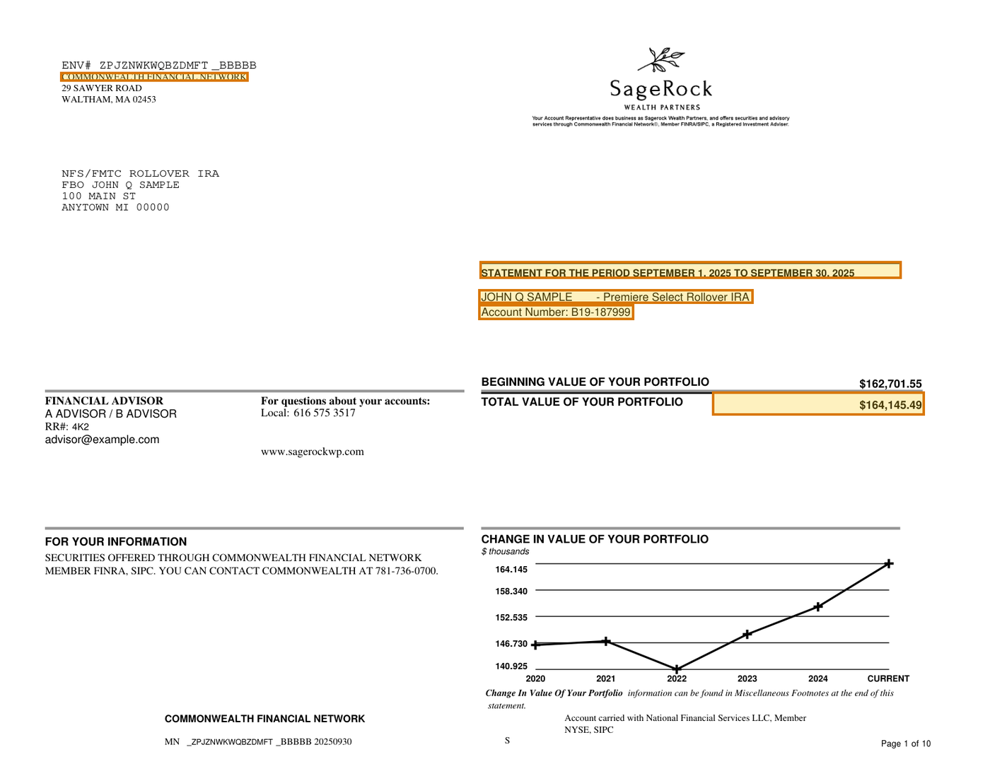 Page 1 of a sample IRA Statement, with extracted values outlined