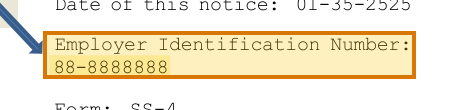The region of the sample IRS CP 575 containing Employer Identification Number, with the extracted value outlined