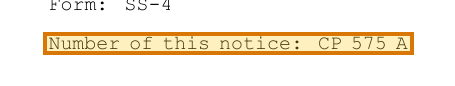 The region of the sample IRS CP 575 containing Notice number, with the extracted value outlined