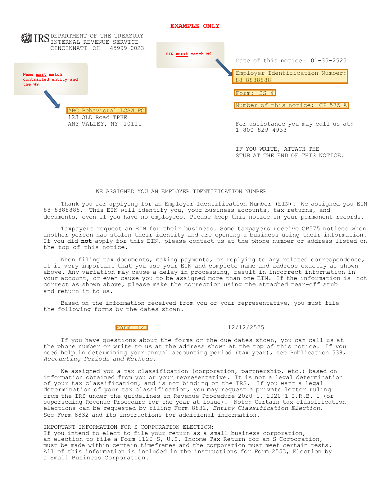 Page 1 of a sample IRS CP 575, with extracted values outlined