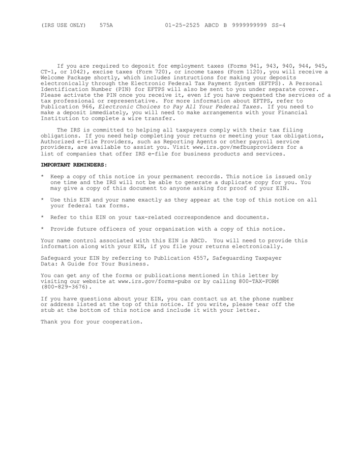 Page 2 of the sample IRS CP 575