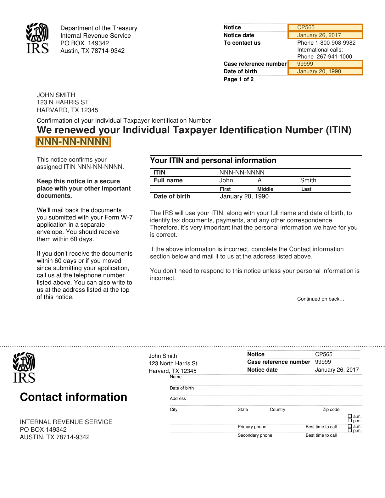 Page 1 of a sample ITIN Notice, with extracted values outlined