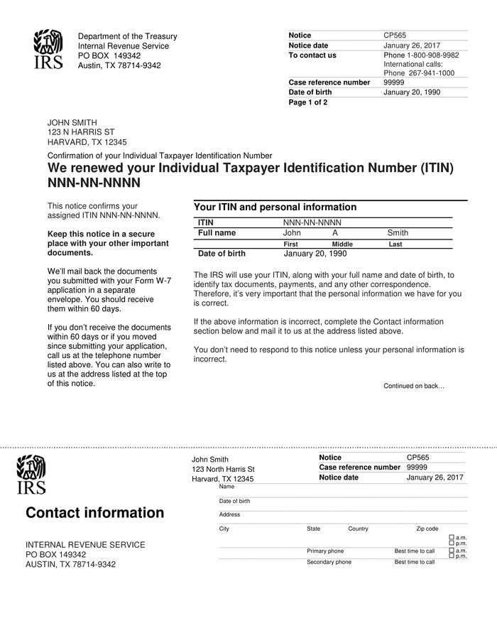 Page 1 of the sample ITIN Number