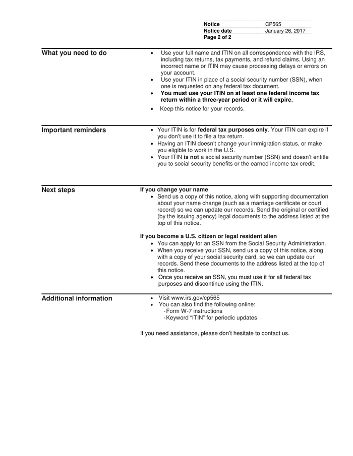 Page 2 of the sample ITIN Number