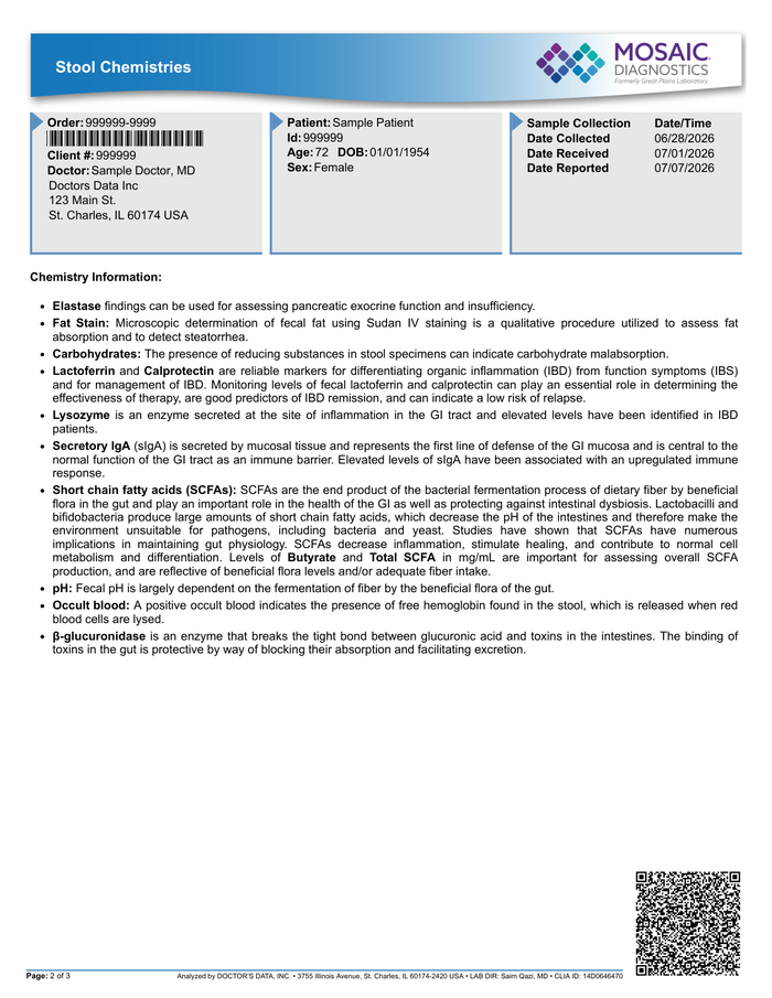 Page 2 of the sample Stool Test Report