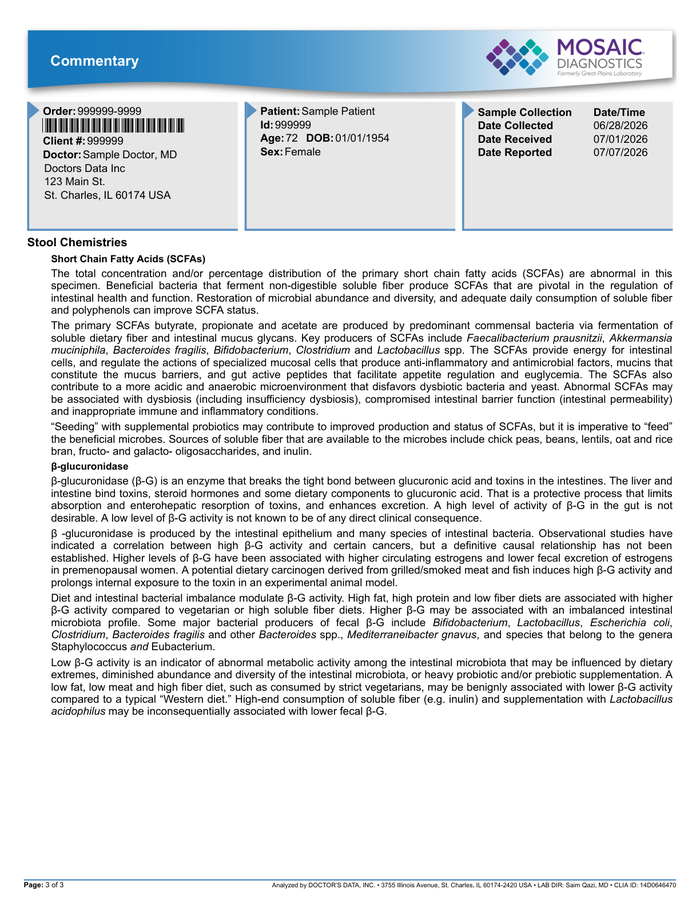 Page 3 of the sample Stool Test Report
