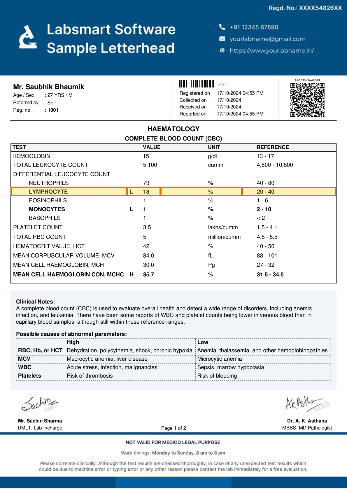 Page 1 of a sample Lab Report, with extracted values outlined