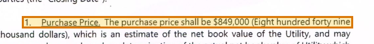 The region of the sample Letter of Intent containing Purchase price, with the extracted value outlined
