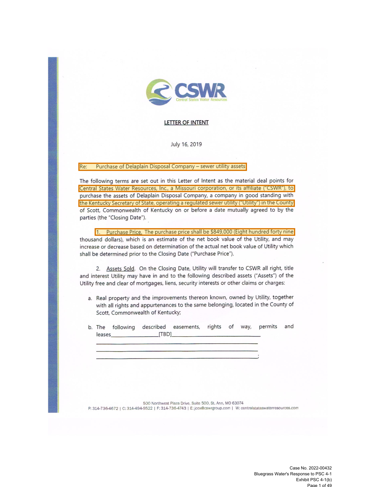 Page 1 of a sample Letter of Intent, with extracted values outlined