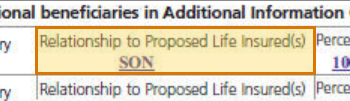 The region of the sample Life Insurance Application containing Primary beneficiary relationship, with the extracted value outlined