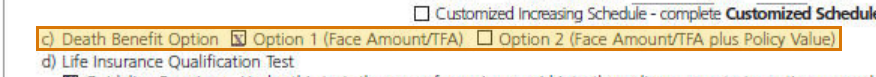 The region of the sample Life Insurance Application containing Death benefit option, with the extracted value outlined
