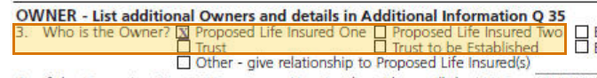The region of the sample Life Insurance Application containing Policy owner, with the extracted value outlined