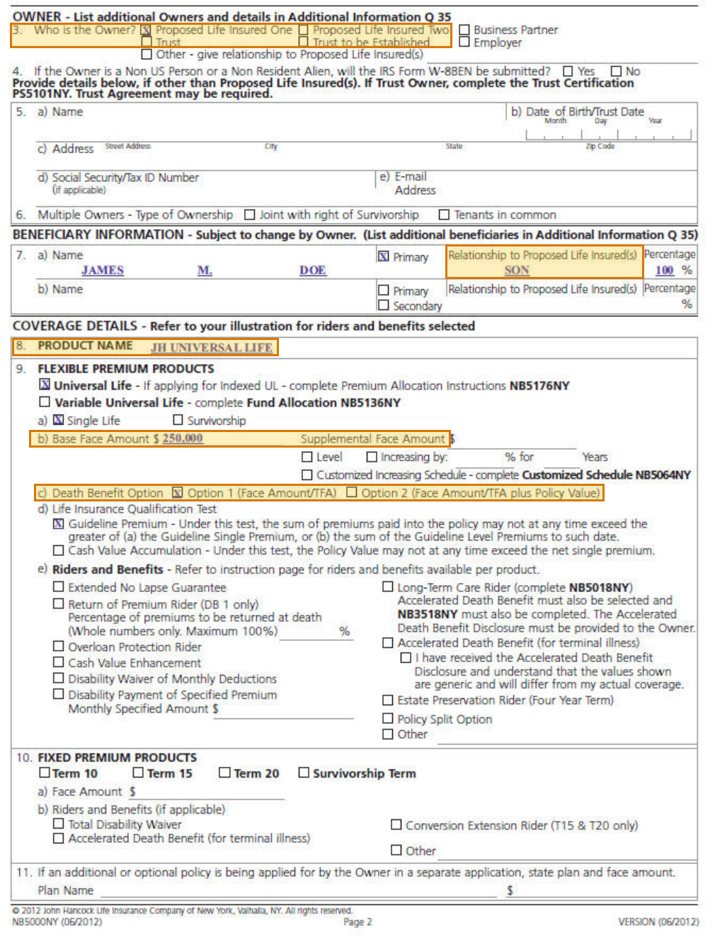 Page 2 of a sample Life Insurance Application, with extracted values outlined