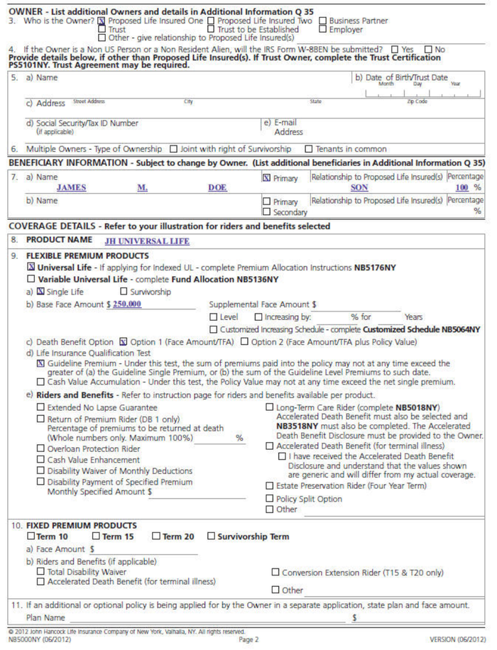 Page 2 of the sample Life Insurance Application