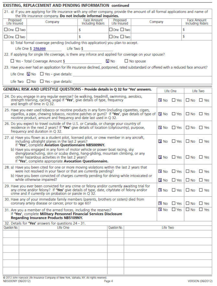 Page 4 of the sample Life Insurance Application