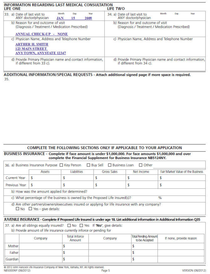 Page 5 of the sample Life Insurance Application
