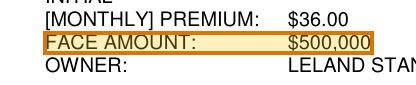 The region of the sample Life Insurance Policy containing Face amount, with the extracted value outlined