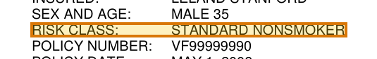 The region of the sample Life Insurance Policy containing Risk class, with the extracted value outlined