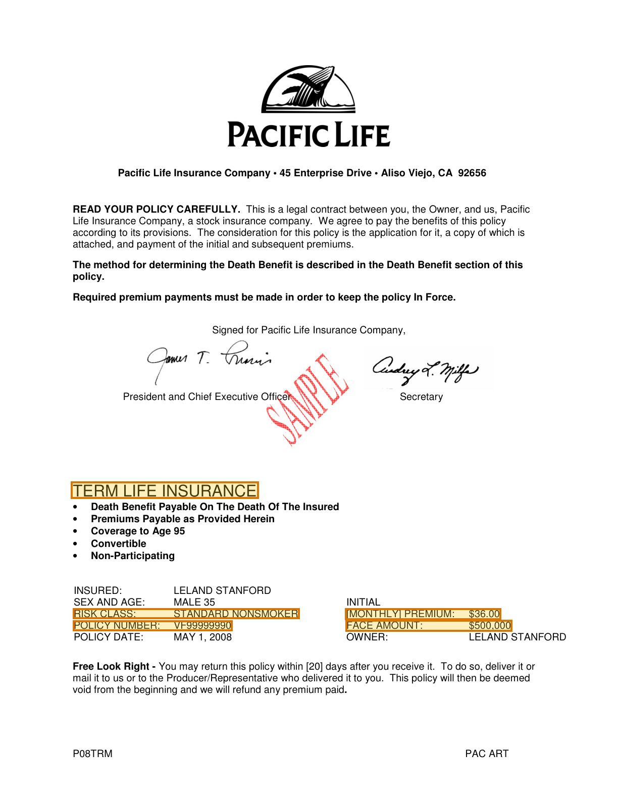 Page 1 of a sample Life Insurance Policy, with extracted values outlined
