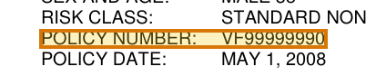 The region of the sample Life Insurance Policy containing Policy number, with the extracted value outlined