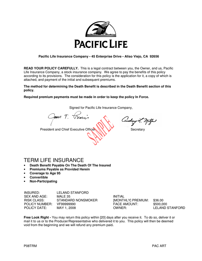 Page 1 of the sample Life Insurance Policy
