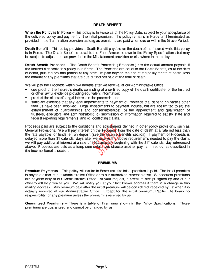Page 9 of the sample Life Insurance Policy
