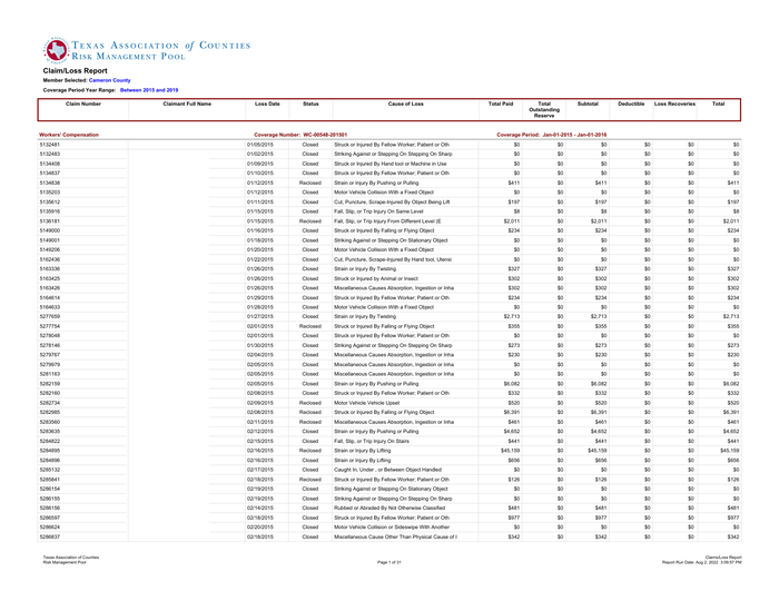 Page 1 of the sample Loss Run