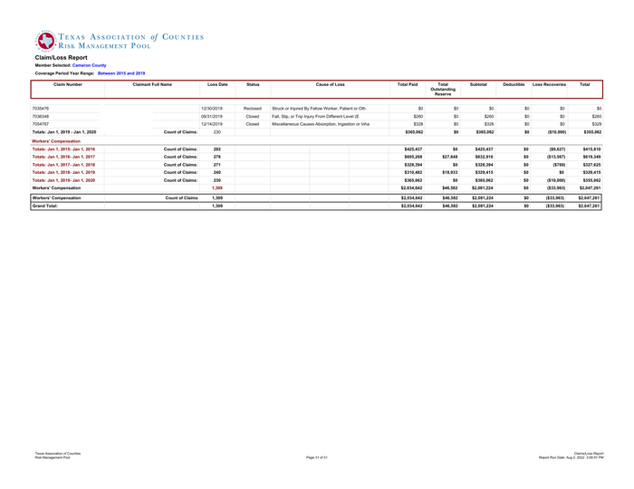 Page 31 of the sample Loss Run