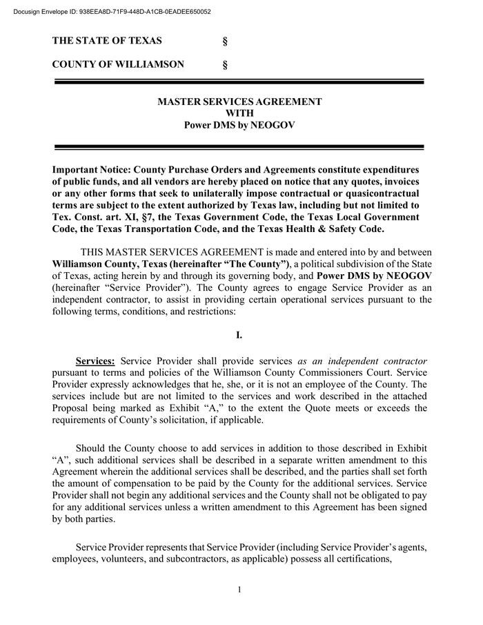 Page 1 of the sample Master Services Agreement