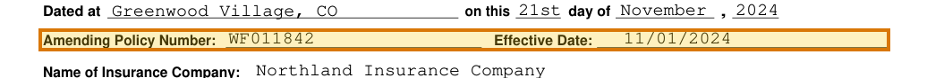 The region of the sample MCS-90 Endorsement containing Amending policy number, with the extracted value outlined