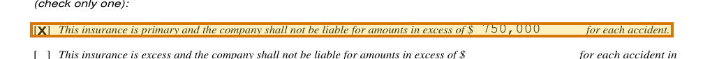 The region of the sample MCS-90 Endorsement containing Primary limit per accident, with the extracted value outlined