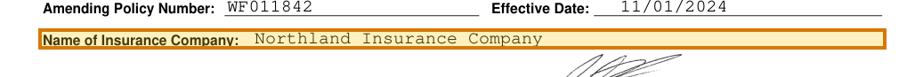 The region of the sample MCS-90 Endorsement containing Insurance company, with the extracted value outlined