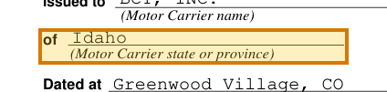 The region of the sample MCS-90 Endorsement containing Motor carrier state, with the extracted value outlined