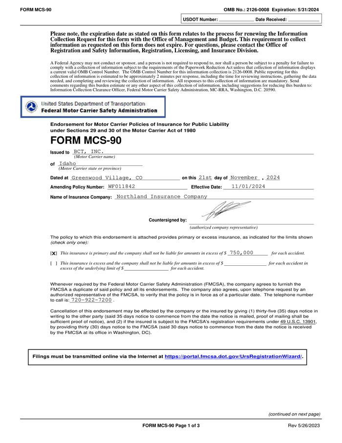 Page 1 of the sample MCS-90 Endorsement