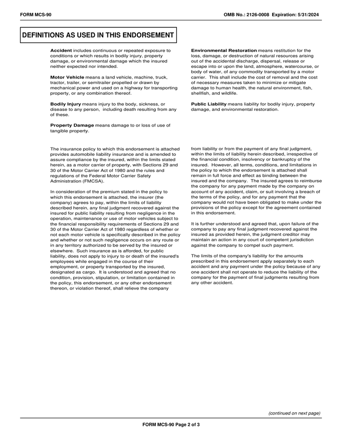 Page 2 of the sample MCS-90 Endorsement