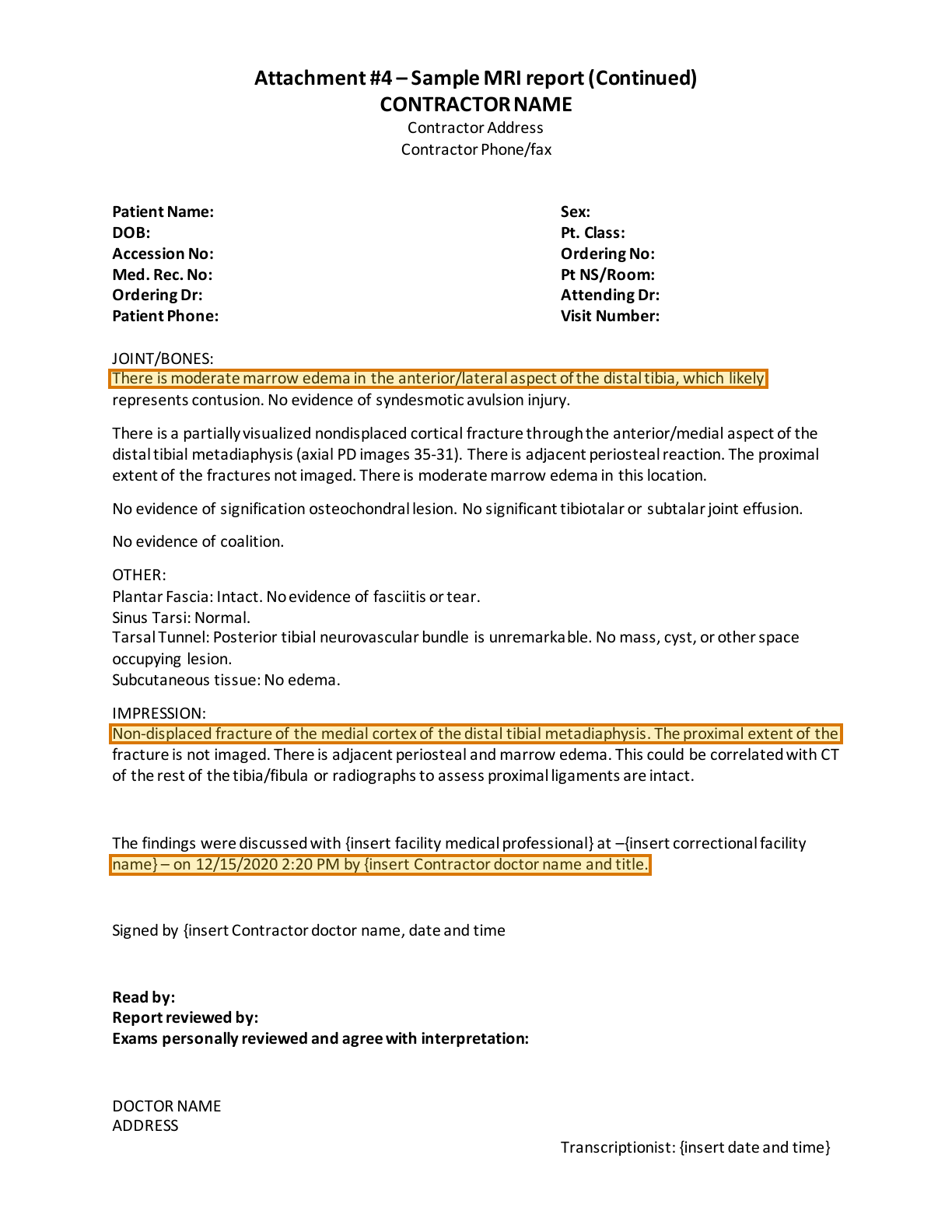 Page 2 of a sample Medical Imaging Report, with extracted values outlined