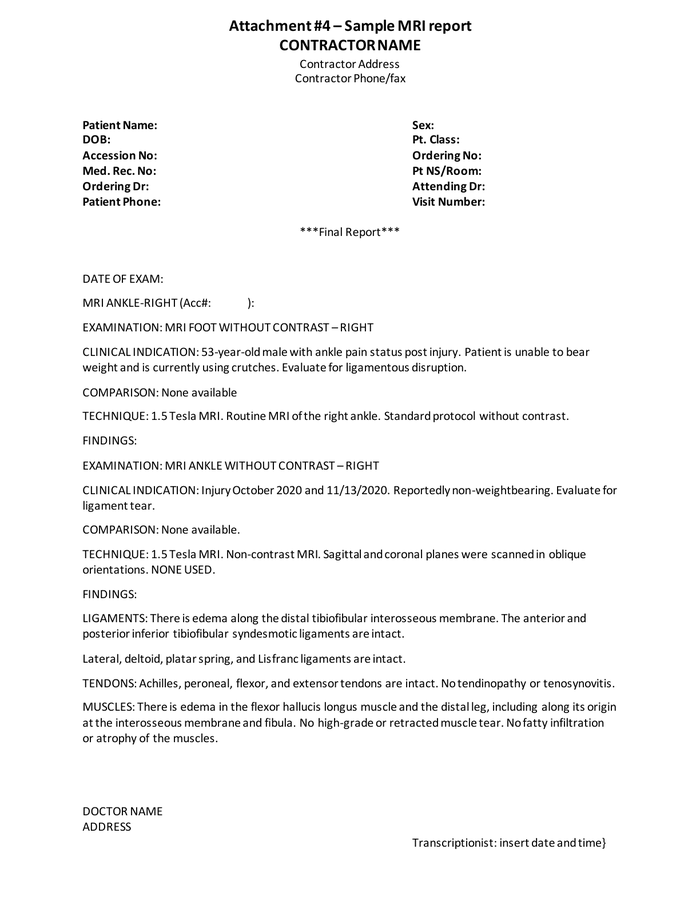 Page 1 of the sample Medical Imaging Report