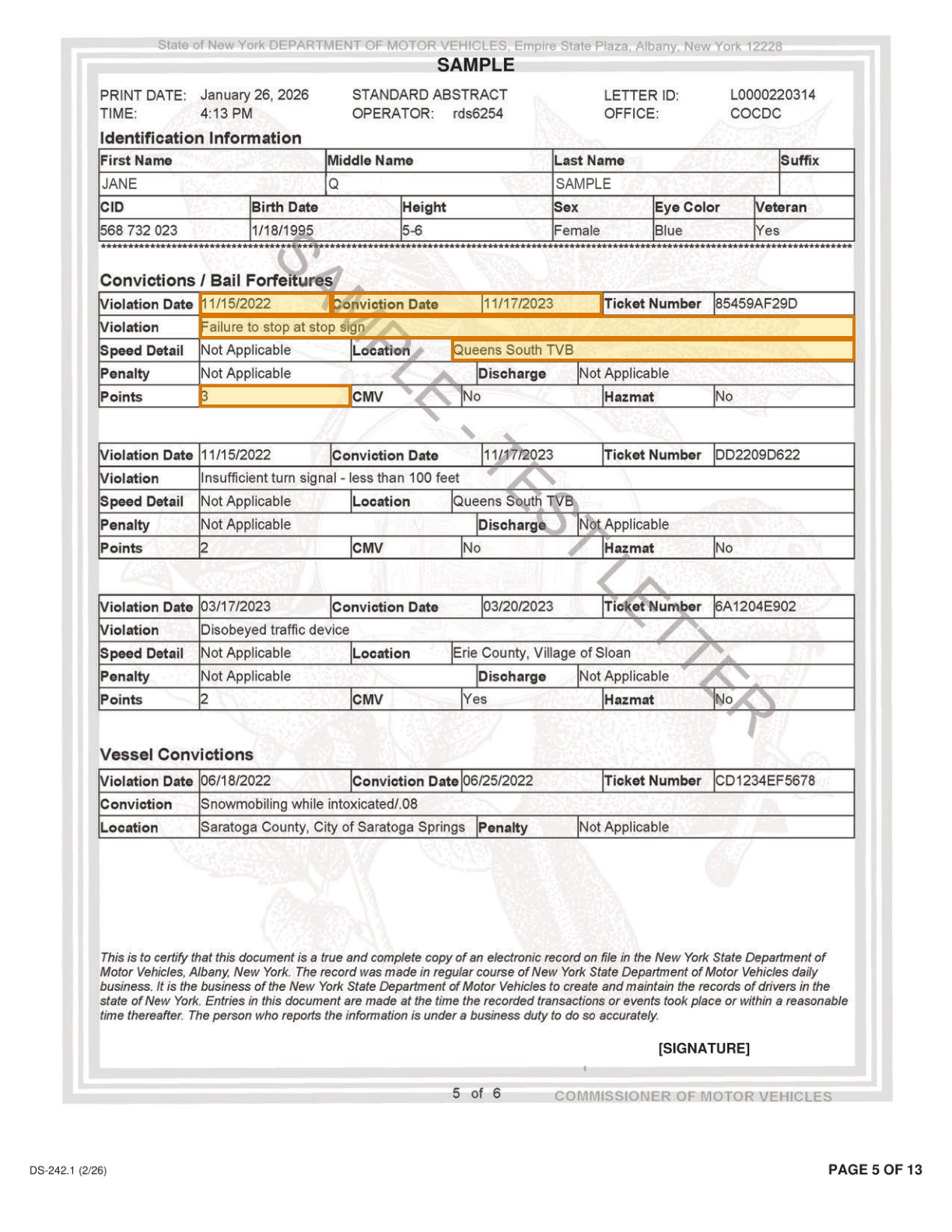 Page 5 of a sample Motor Vehicle Report, with extracted values outlined