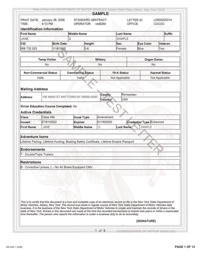 Page 1 of the sample Motor Vehicle Report