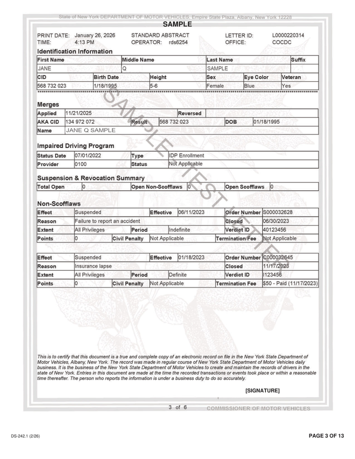 Page 3 of the sample Motor Vehicle Report