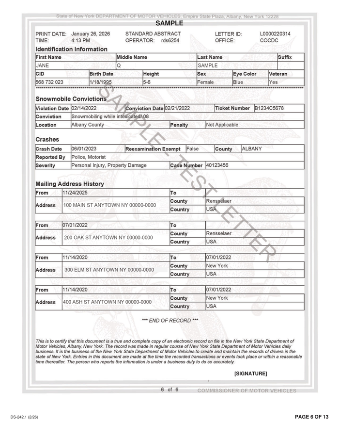 Page 6 of the sample Motor Vehicle Report