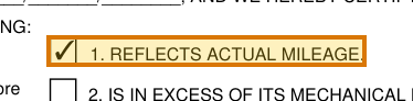 The region of the sample Odometer Disclosure Statement containing Mileage certification, with the extracted value outlined