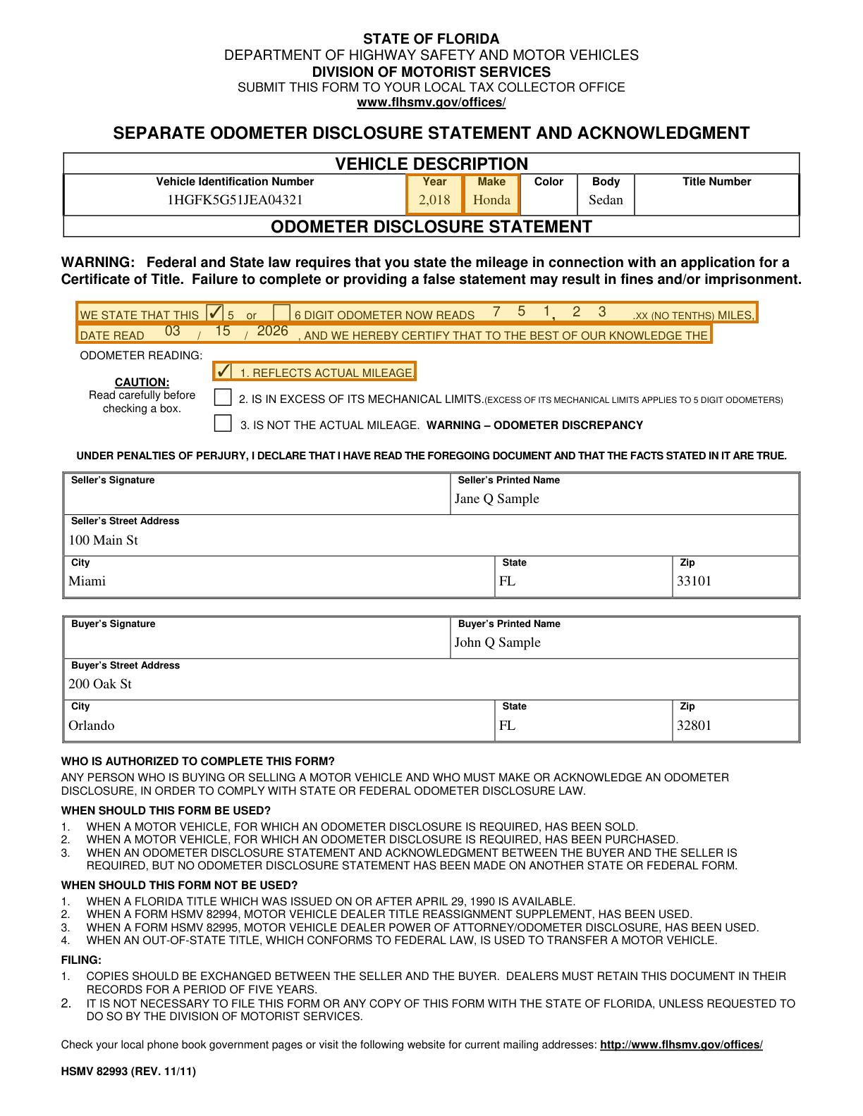 Page 1 of a sample Odometer Disclosure Statement, with extracted values outlined